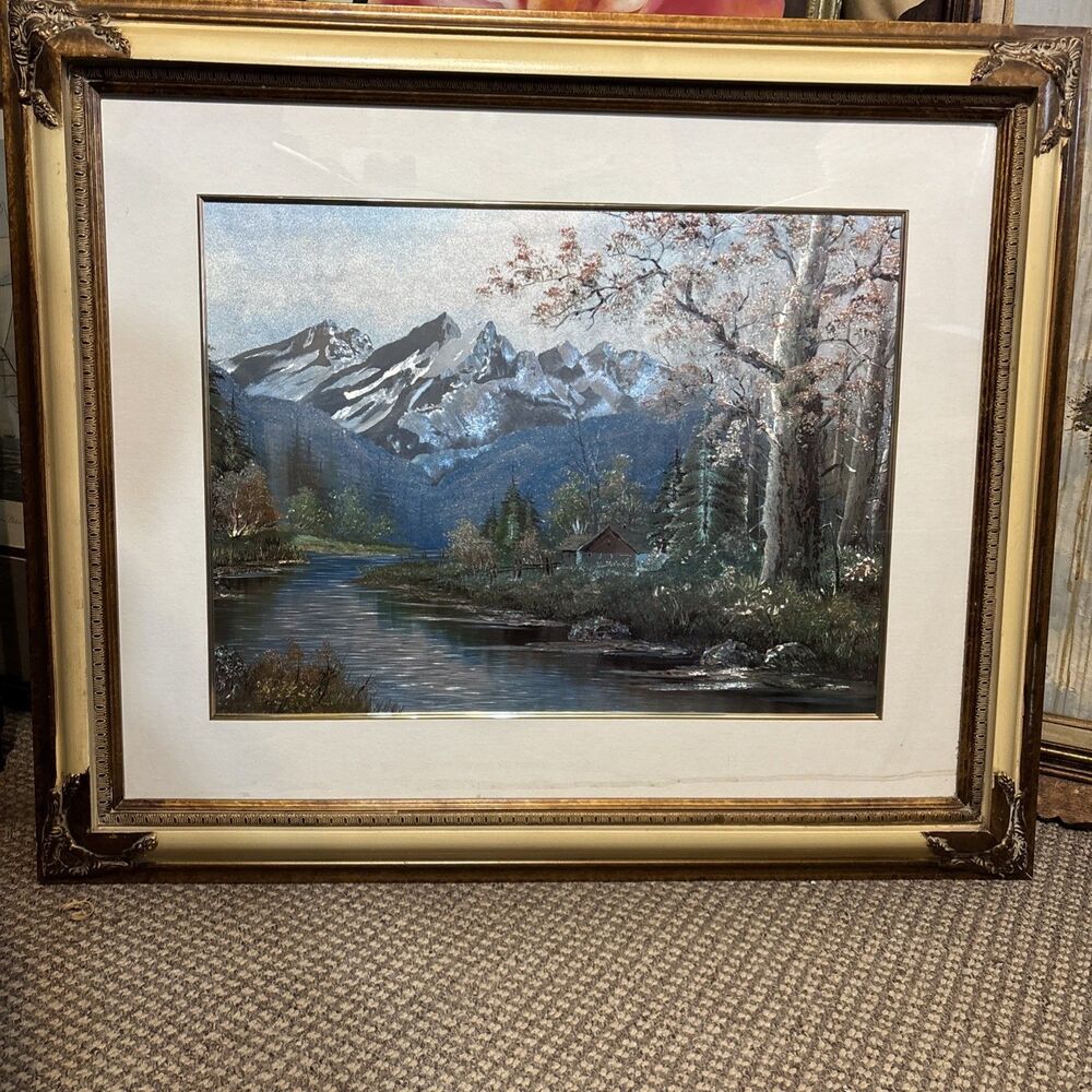 Vintage Mid-Century Original Landscape Mountain Forest Landscape MCM with Frame